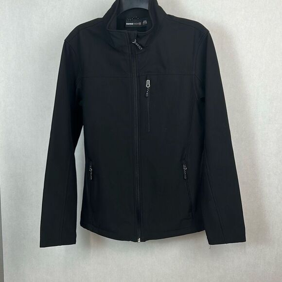 Swiss Tech Mens Softshell Jacket Sz Small Black Front Zip Hand Pockets - Picture 1 of 11